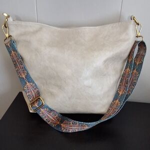 Stylish Cream Shoulder Bag with Patterned Strap